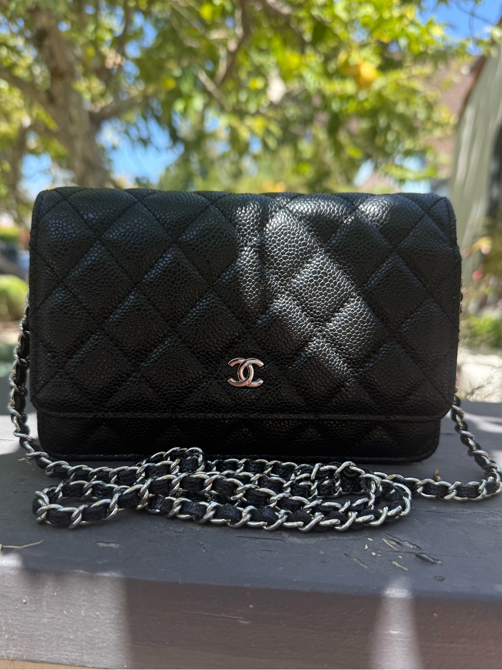 Black Quilted Caviar Leather Crossbody with Silver-Tone CC